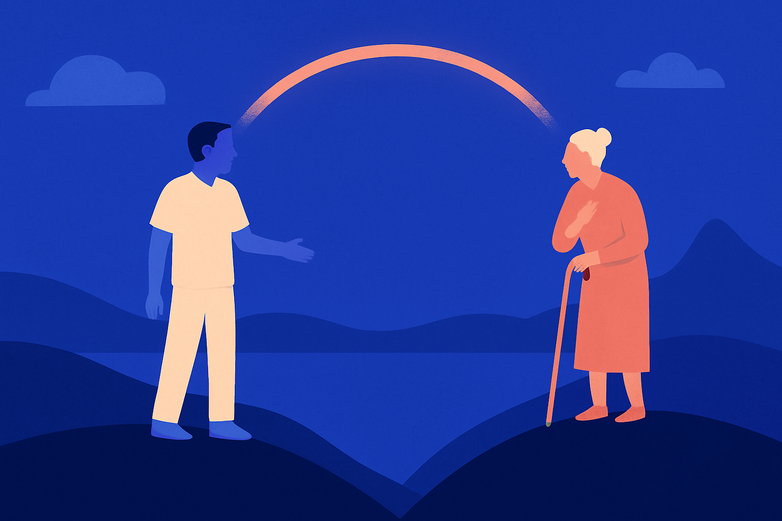 An older woman with a cane shows a document to a young man, a dollar-sign icon above