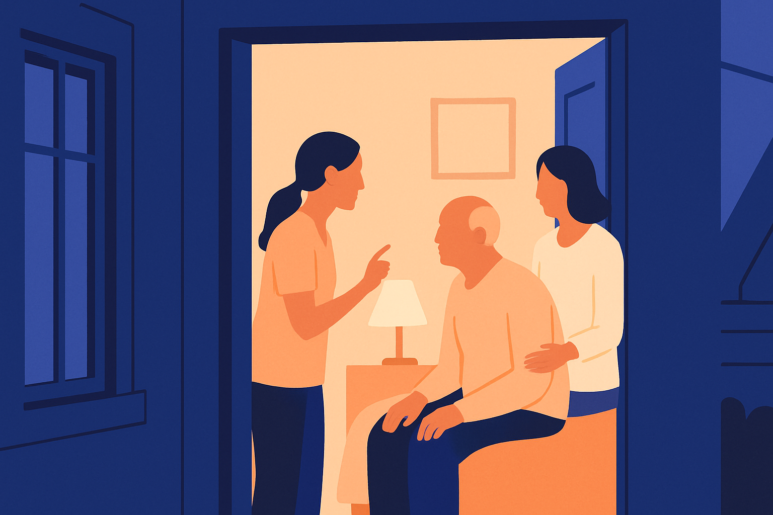 Through a doorway, two women tend to a seated older man in a softly lit room