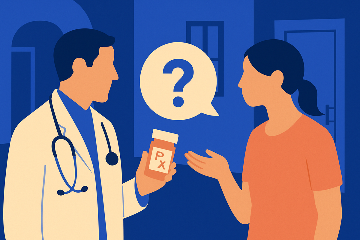 A doctor holds an Rx pill bottle as a woman responds with a question-mark speech bubble