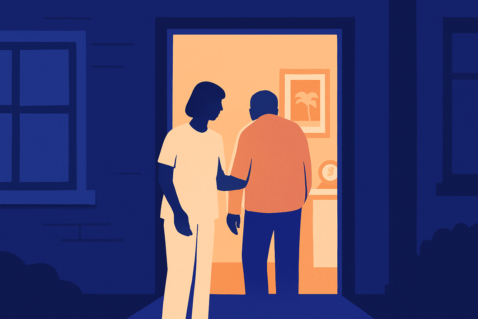 A woman guides an older man into a softly lit home at night