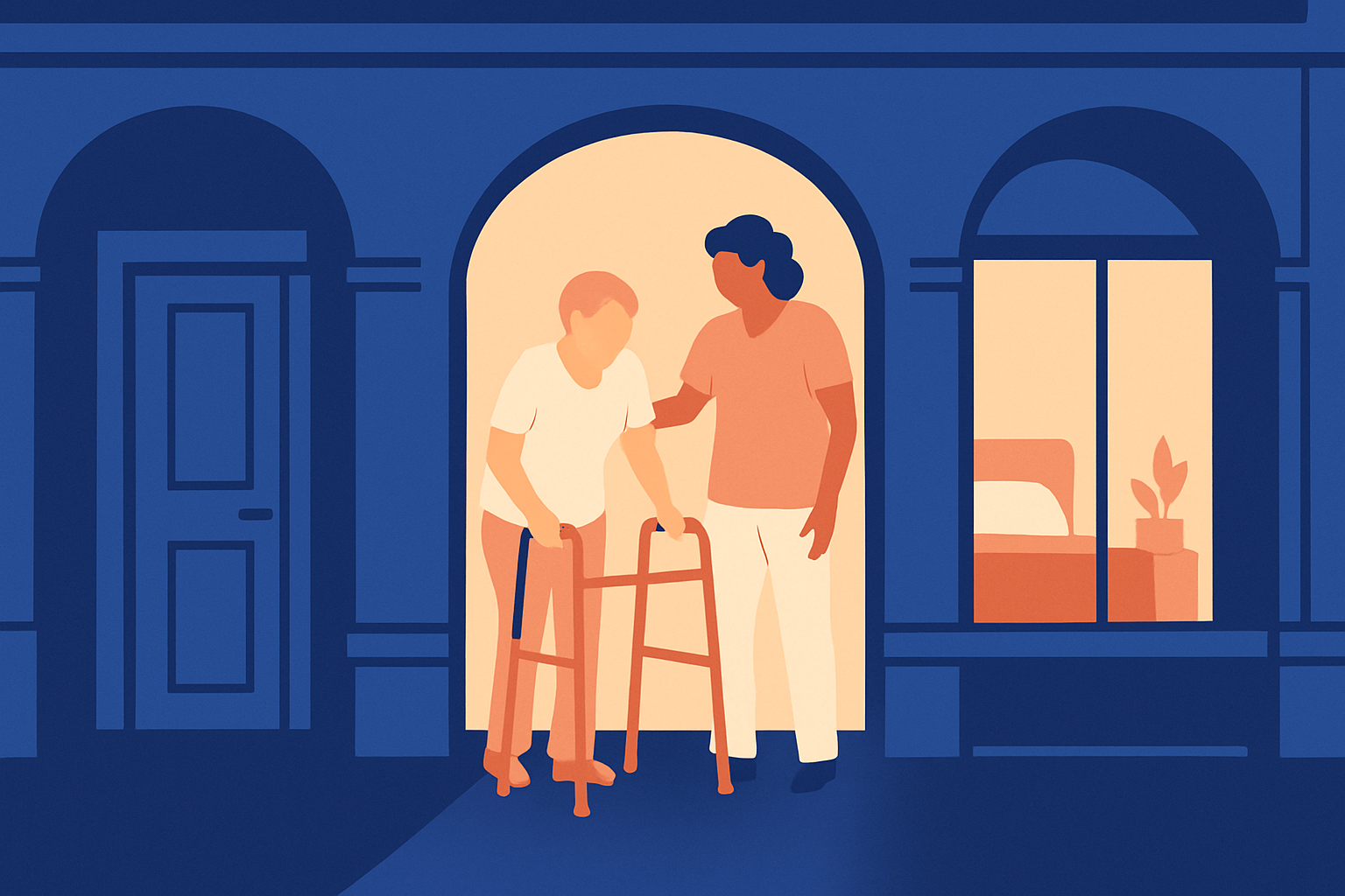 An aide helps an older person using a walker through an archway at night
