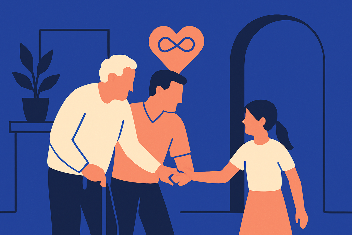 An older man, a younger man, and a girl hold hands, an infinity heart above them