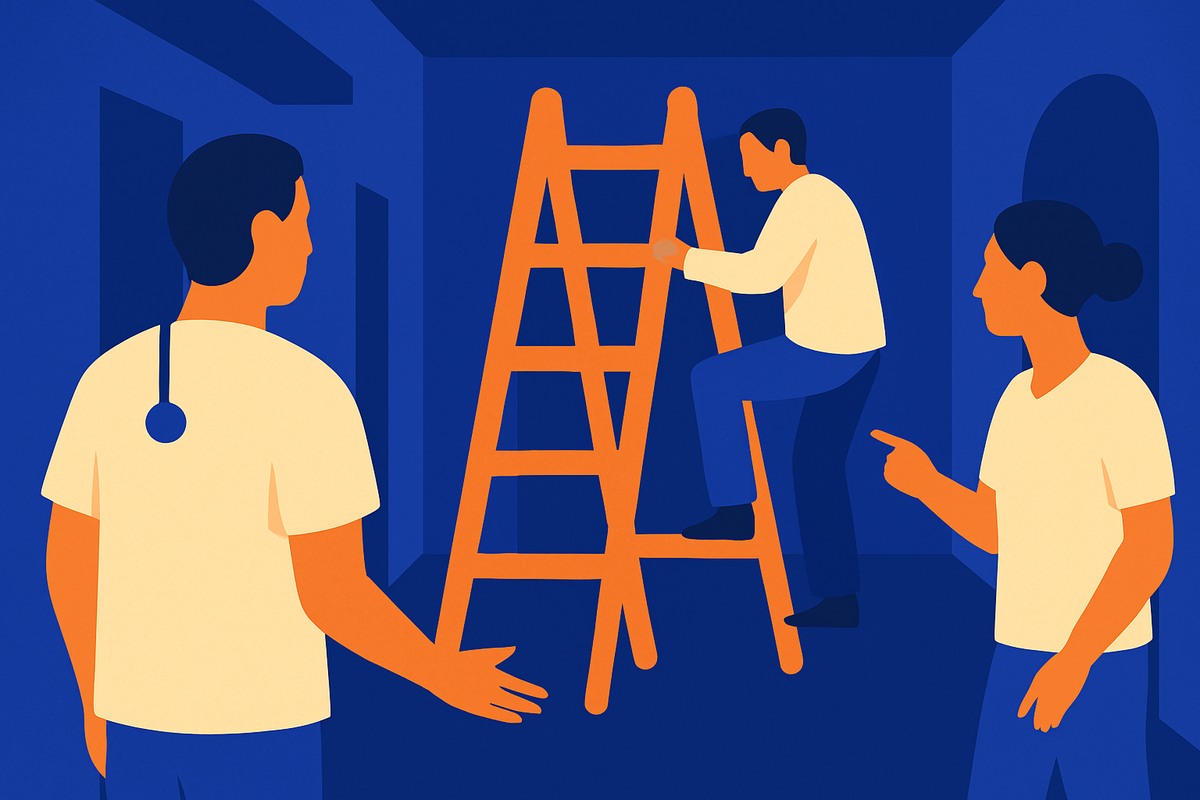 Two people watch as another climbs a step-ladder, one wearing a stethoscope