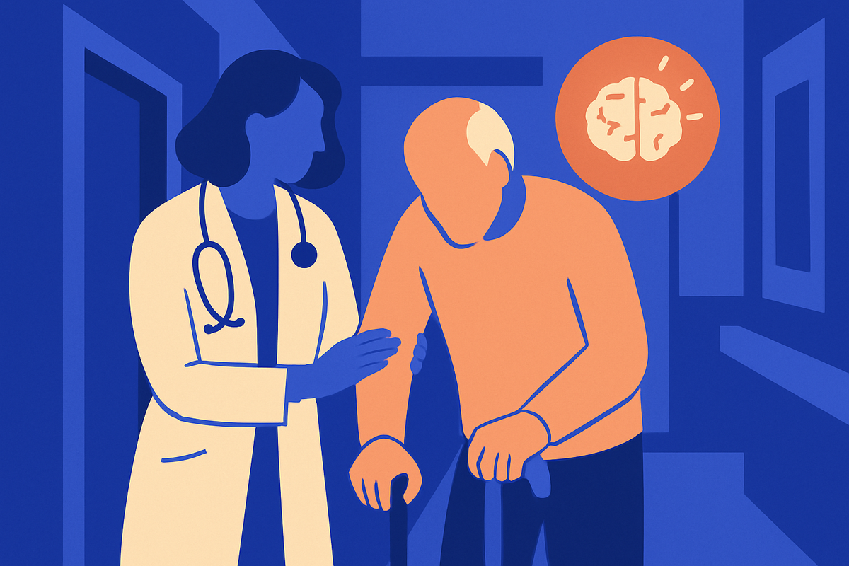 A clinician in a white coat steadies an older man walking with a cane, a brain icon nearby