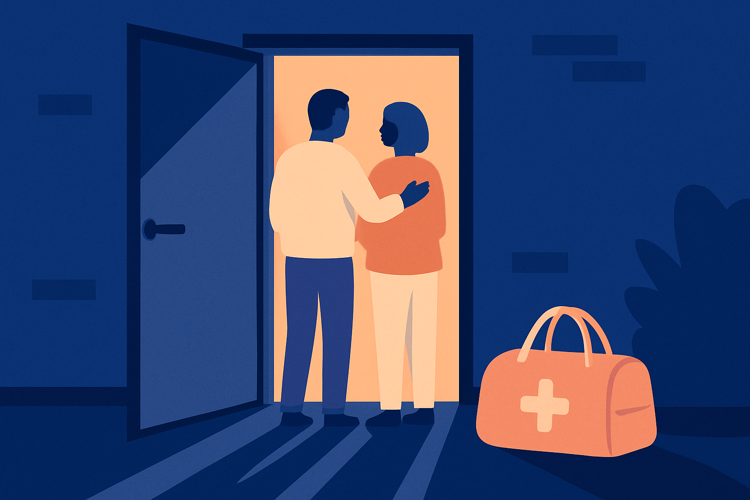 A man embraces a woman in a lit doorway at night, a medical duffel bag on the ground