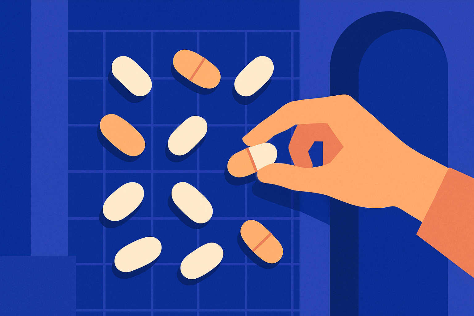 A hand picks up an oblong pill from several scattered tablets