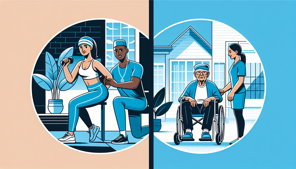 Design a side-by-side comparison of a rehab center and a nursing home. For the rehab center, depict a patient exercising with a therapist, while for the nursing home, show a senior being assisted with daily tasks. Use contrasting shades of blue to highlight the differences in the length of stay, goals, and activities between the two.