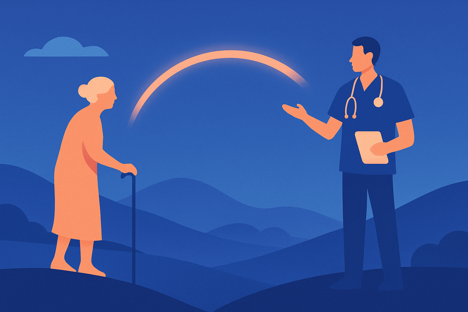An older woman with a cane faces a clinician across hills, linked by an arc in the sky