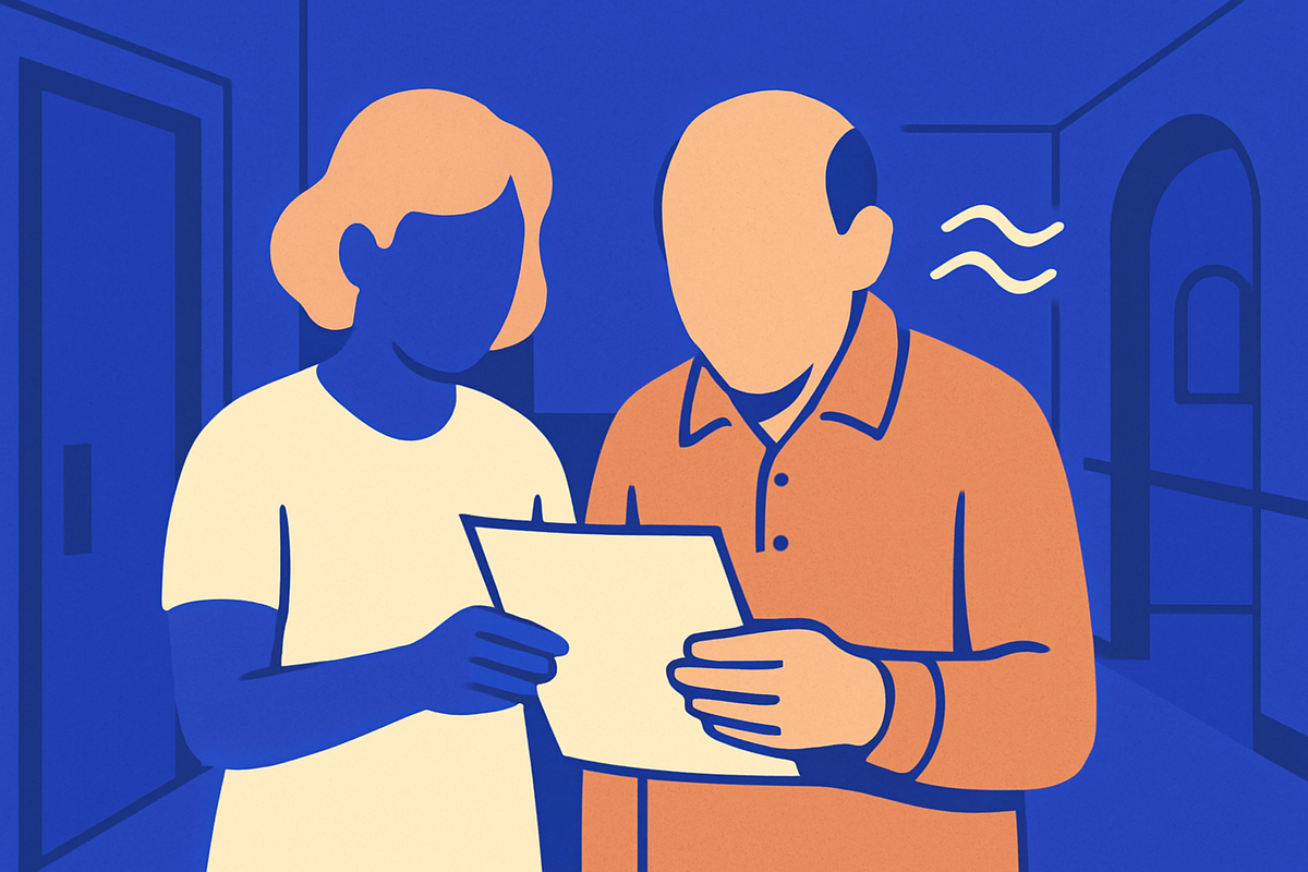A woman and an older man read a document together in a hallway