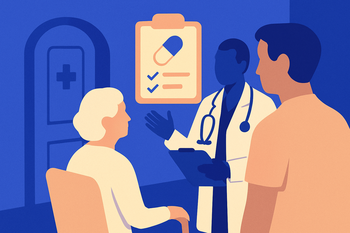 A doctor discusses a medication checklist with an older woman and a man, a pill icon above