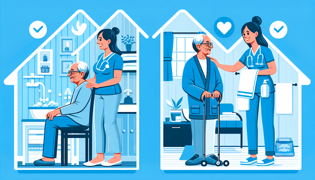 An illustration showing the transition from independent living to assisted living. The first half of the image should show a senior struggling with daily tasks like bathing, dressing, and remembering medications at home. The second half should contrast this with the same senior, now relaxed and smiling, receiving help from a friendly staff member in an assisted living community.
