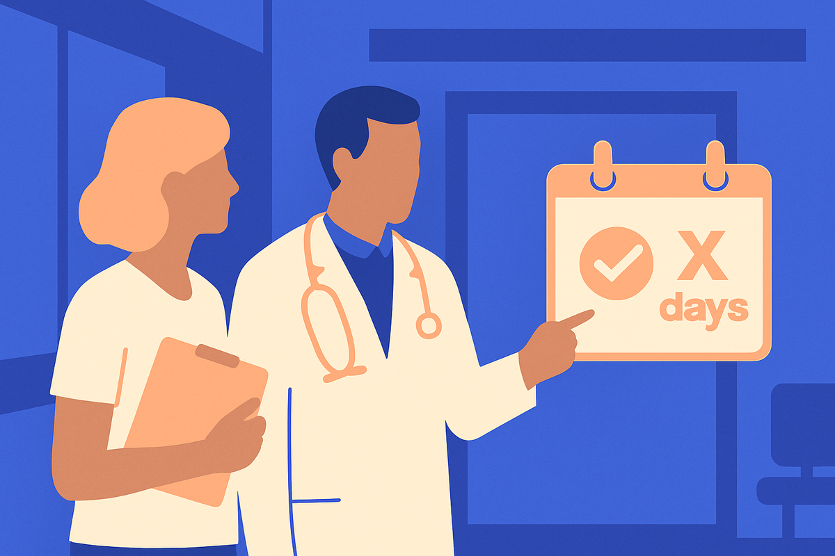A doctor points to a calendar marked X days beside a woman holding a folder