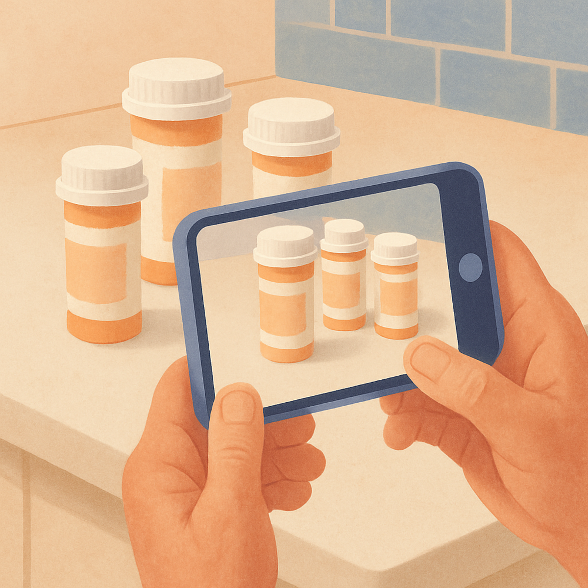 A smartphone photographing prescription pill bottles on a kitchen counter