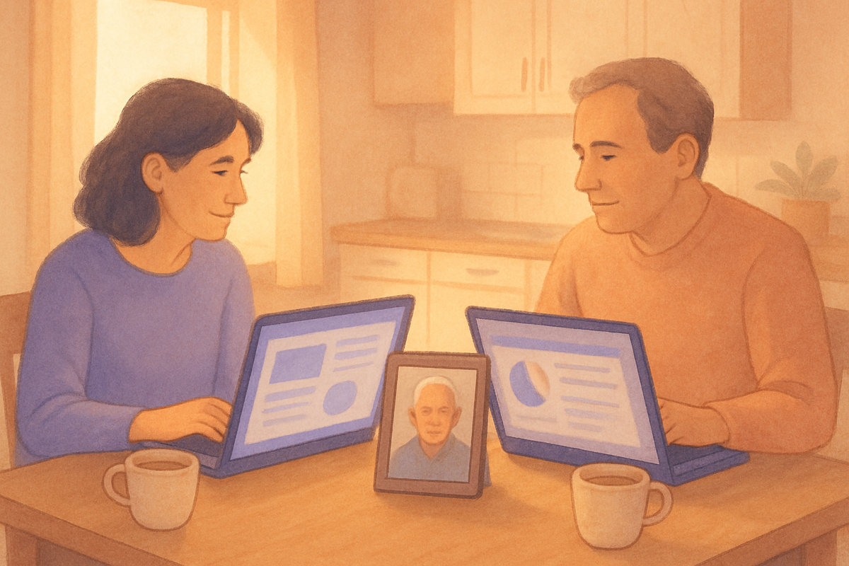 Two adult siblings at a kitchen table coordinating their parent's care together, each on their own laptop