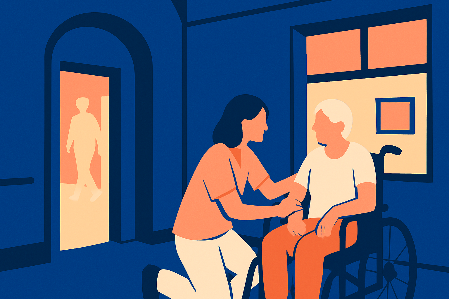 A care aide kneels beside an older man in a wheelchair, a figure in a doorway behind