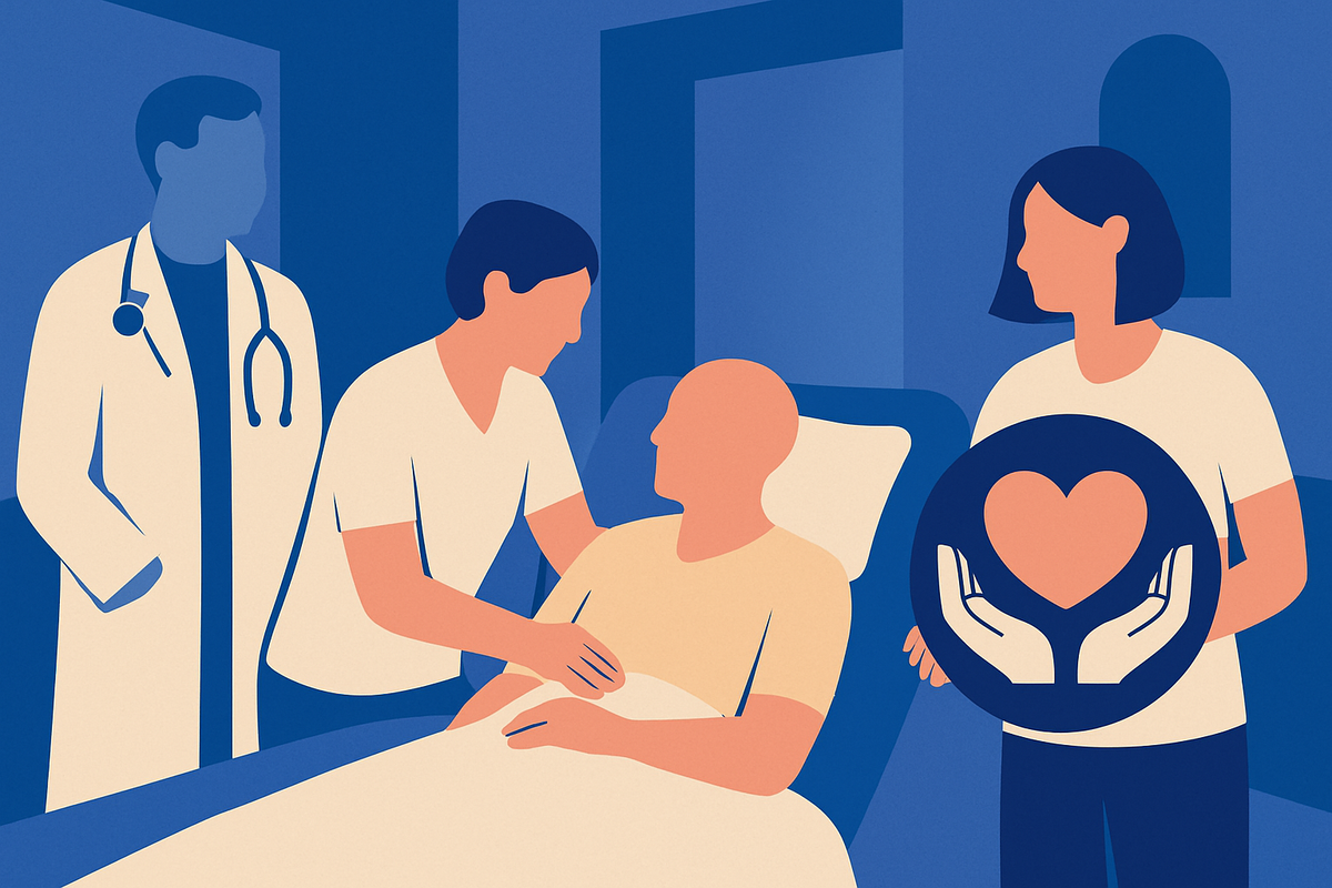 A doctor and a nurse tend to an older man in bed, a woman holds a hands-and-heart symbol