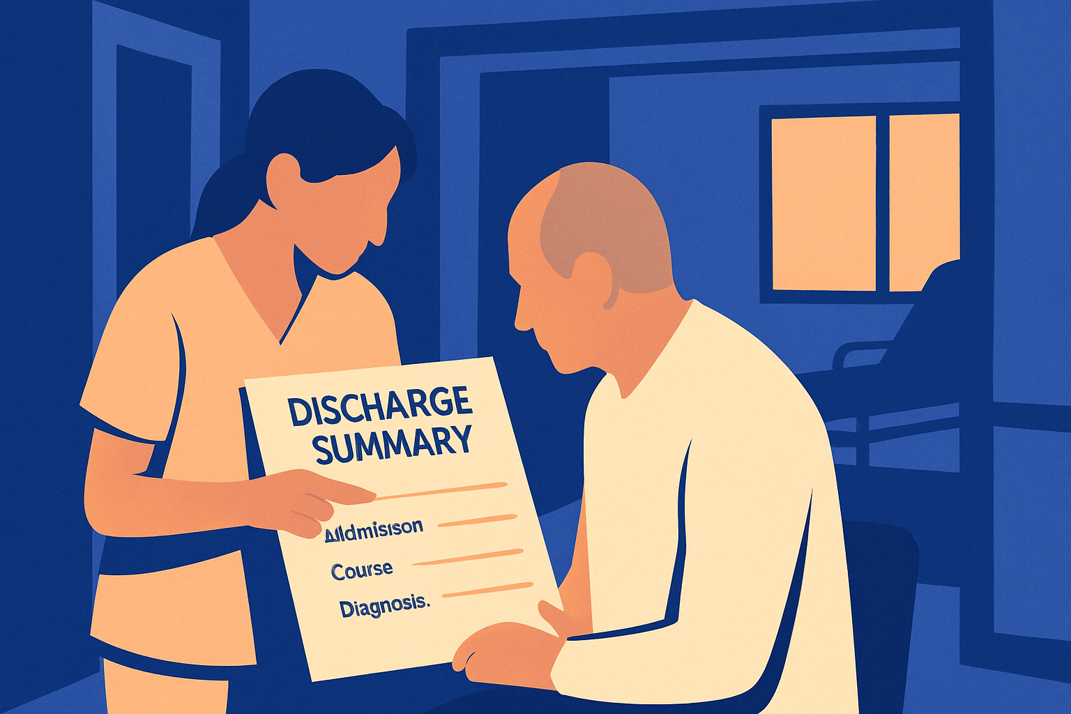 A care worker and an older man read a Discharge Summary sheet together