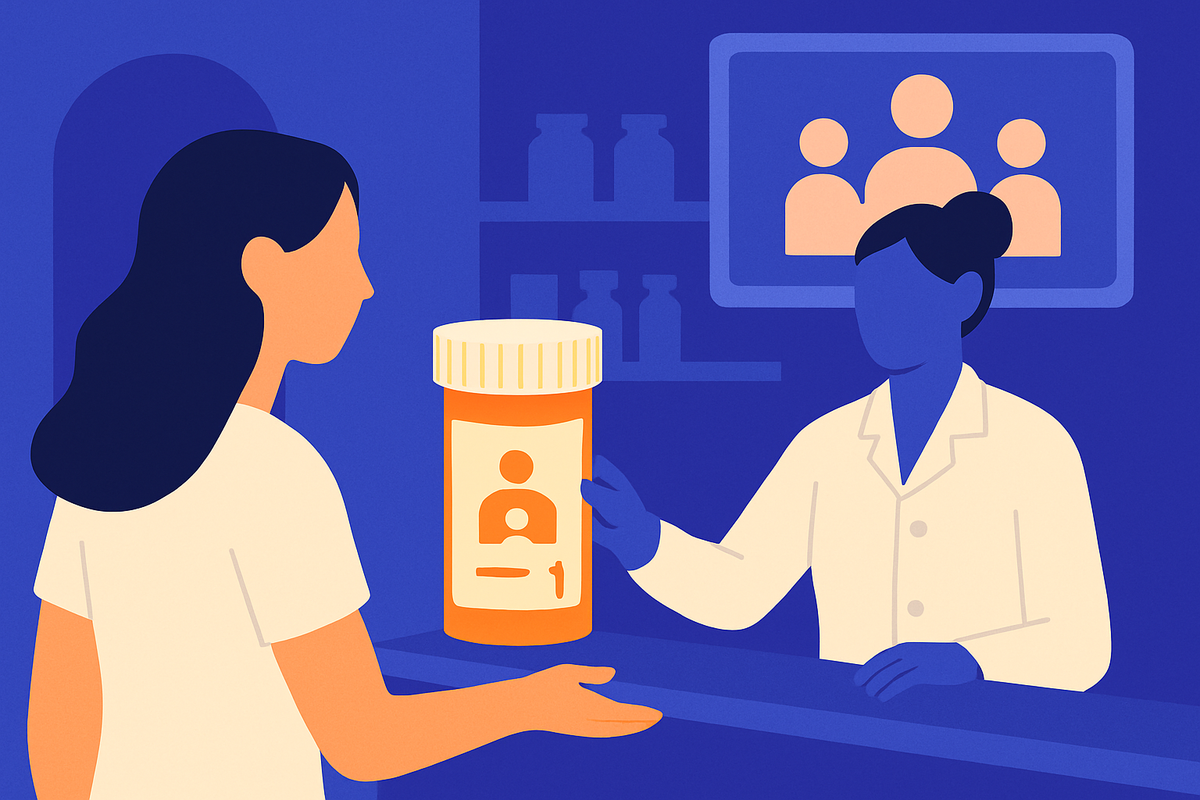 A hand arranges pills into a grid organizer, a dispenser nearby