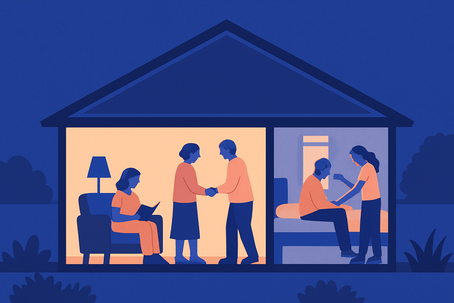 A house at night showing a woman reading, two people greeting, and a caregiver helping someone on a bed