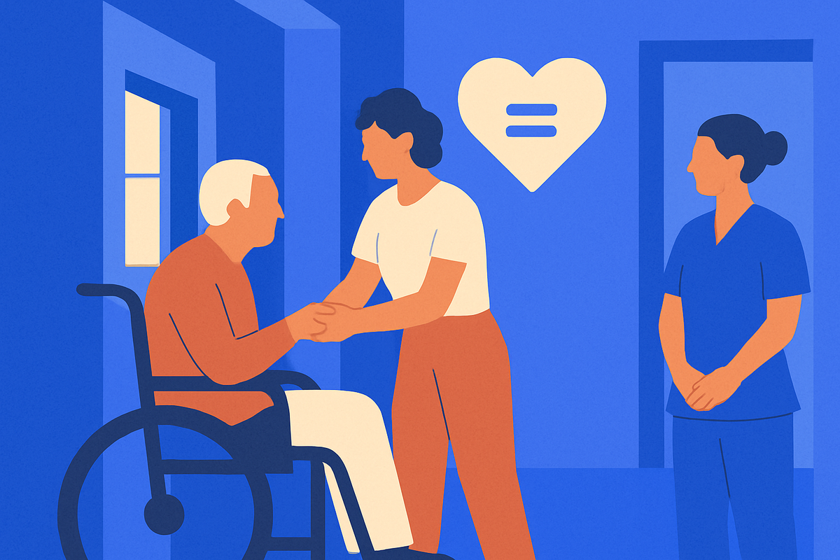 A young woman holds the hands of an older man in a wheelchair, a heart with an equals sign above