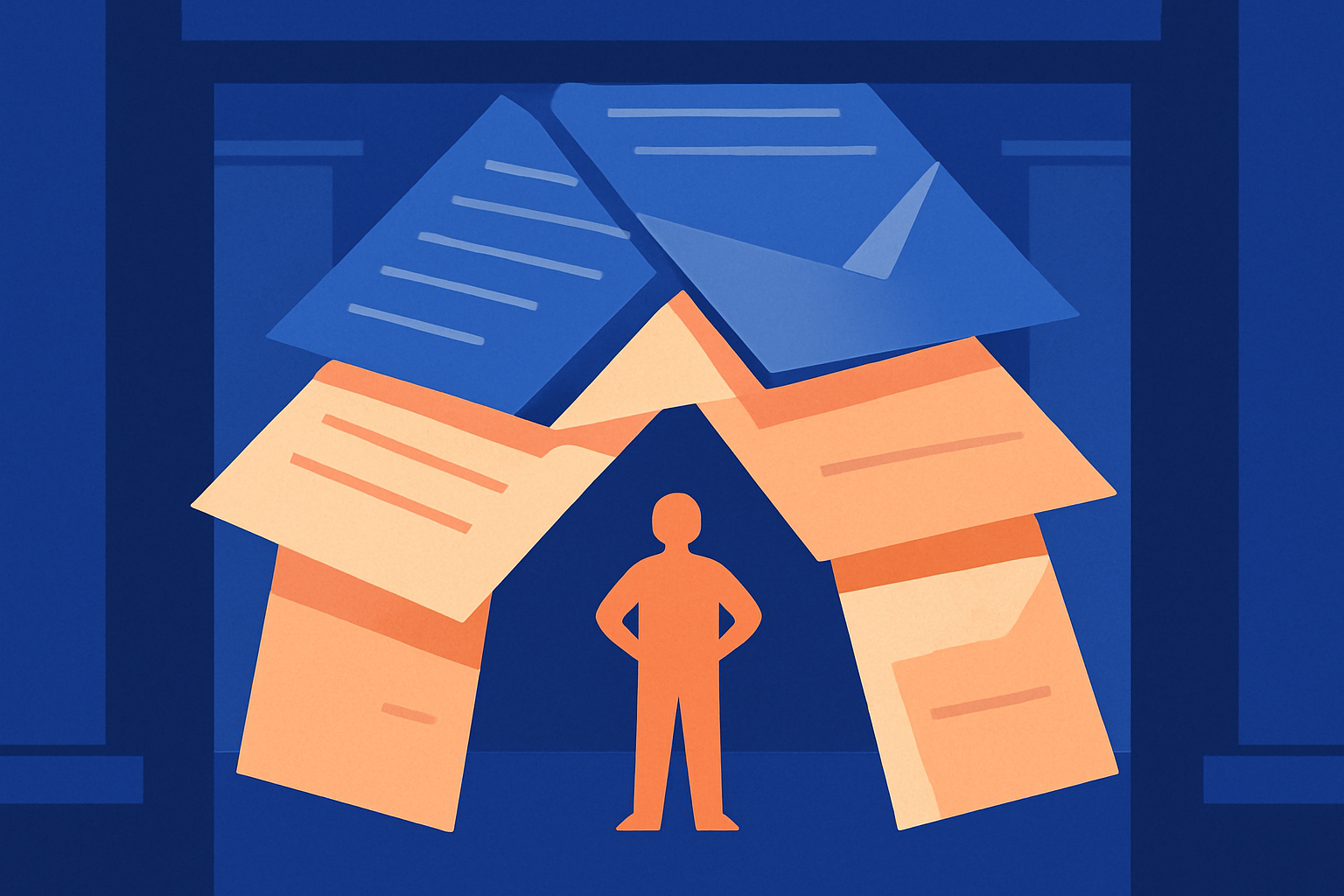 A person stands confidently beneath an arch of documents and an envelope between columns