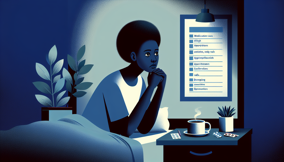 A vector image of a caregiver, with a concerned expression, sitting on the edge of her bed in the early morning light. Her eyes are wide open and she's deep in thought. Beside her on a nightstand, a cup of coffee sits untouched. The background should subtly suggest a list of tasks (medications, appointments, calls) floating around her as she starts her day.