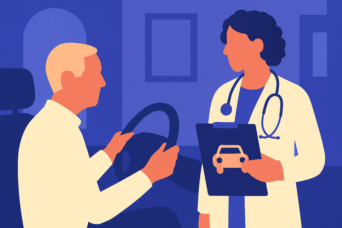 An older man holds a steering wheel while a doctor with a car-icon clipboard talks with him