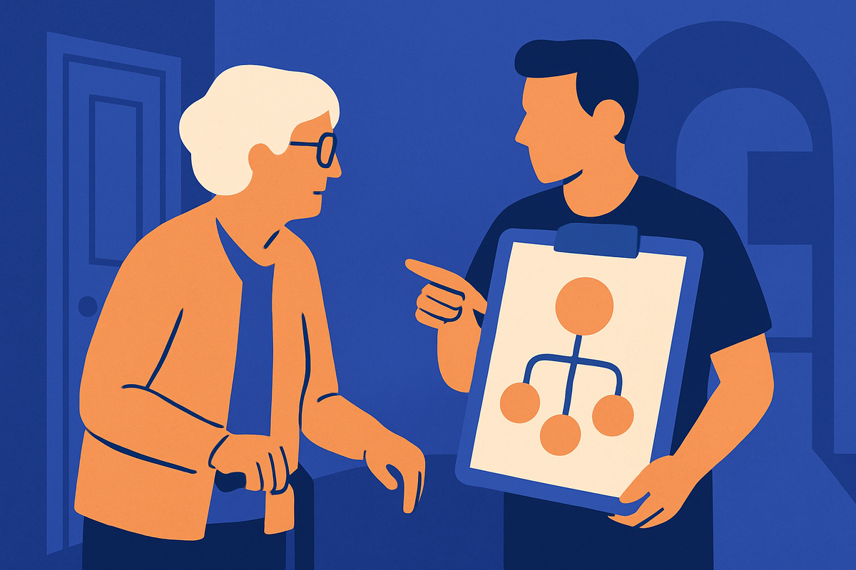 An older woman with a cane talks with a man holding a clipboard showing a hierarchy diagram