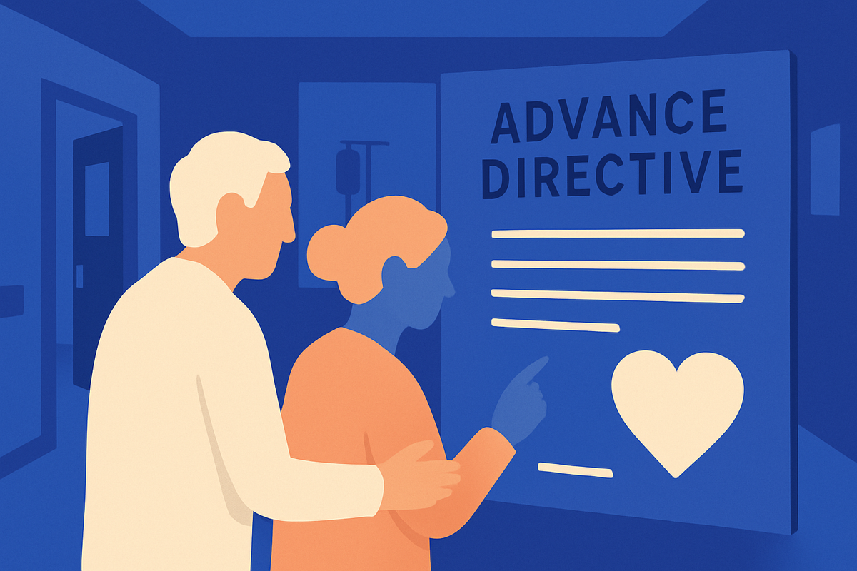 An older man and a woman read a poster titled Advance Directive with a heart symbol