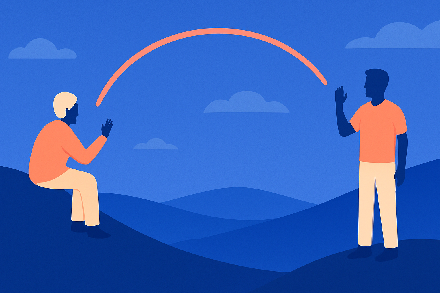 Two people on rolling hills reach toward each other, linked by an arc across the sky