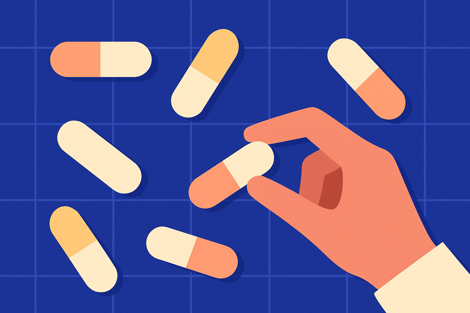 A hand picks up a capsule from a scatter of orange-and-cream capsules