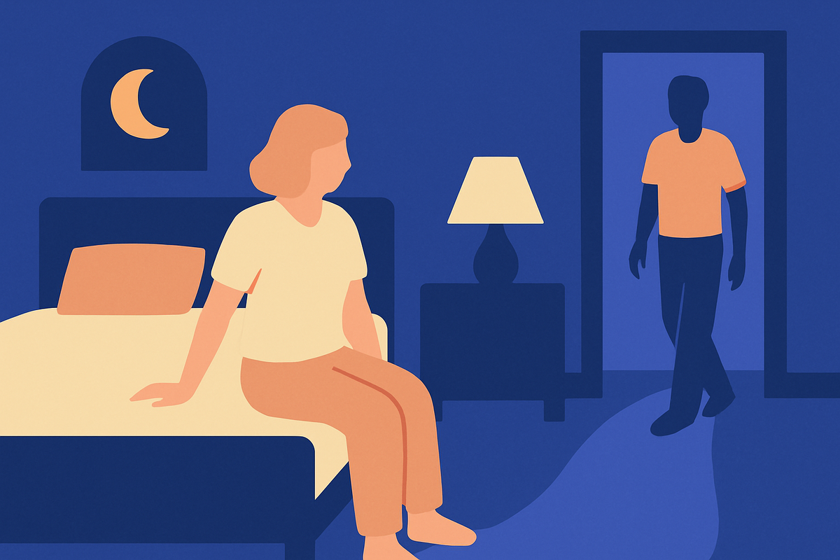 A woman sits on the edge of a bed at night as a man enters through the doorway