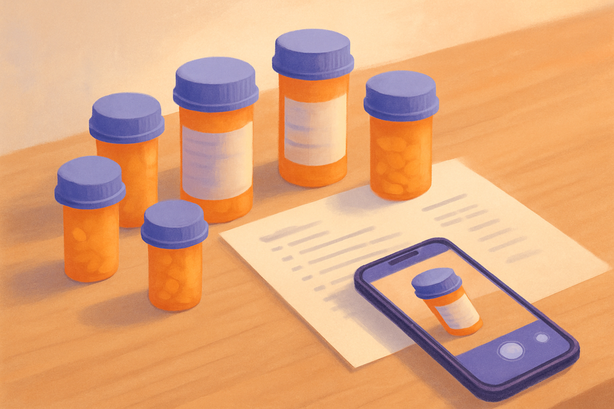 A caregiver photographing pill bottles on a kitchen table to build a clean medication list