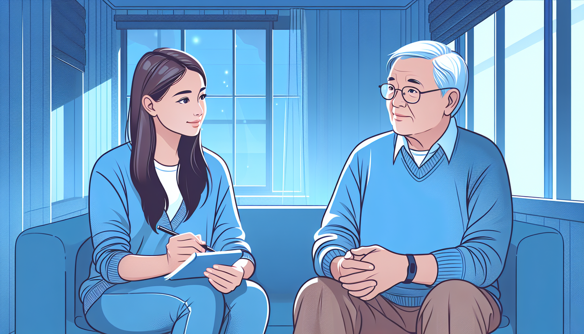 Show an adult child and a senior sitting comfortably in a calm, quiet room. They are engaged in a deep conversation, with the adult child holding a notepad, jotting down points. The expressions should portray empathy, understanding, and mutual respect. The room setting should be cozy and inviting, with soft blue tones.