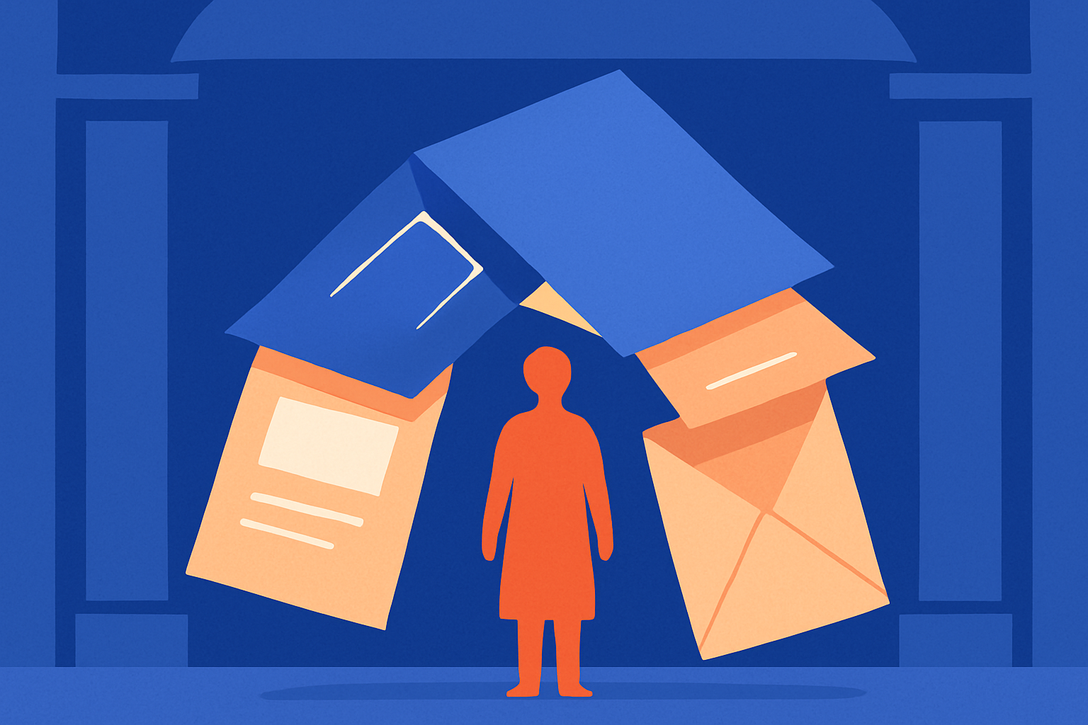 A person stands beneath floating legal documents framed by tall columns