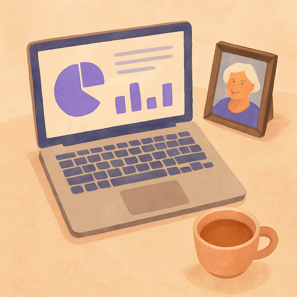 A laptop open beside a small framed photo of an aging parent and a cup of tea