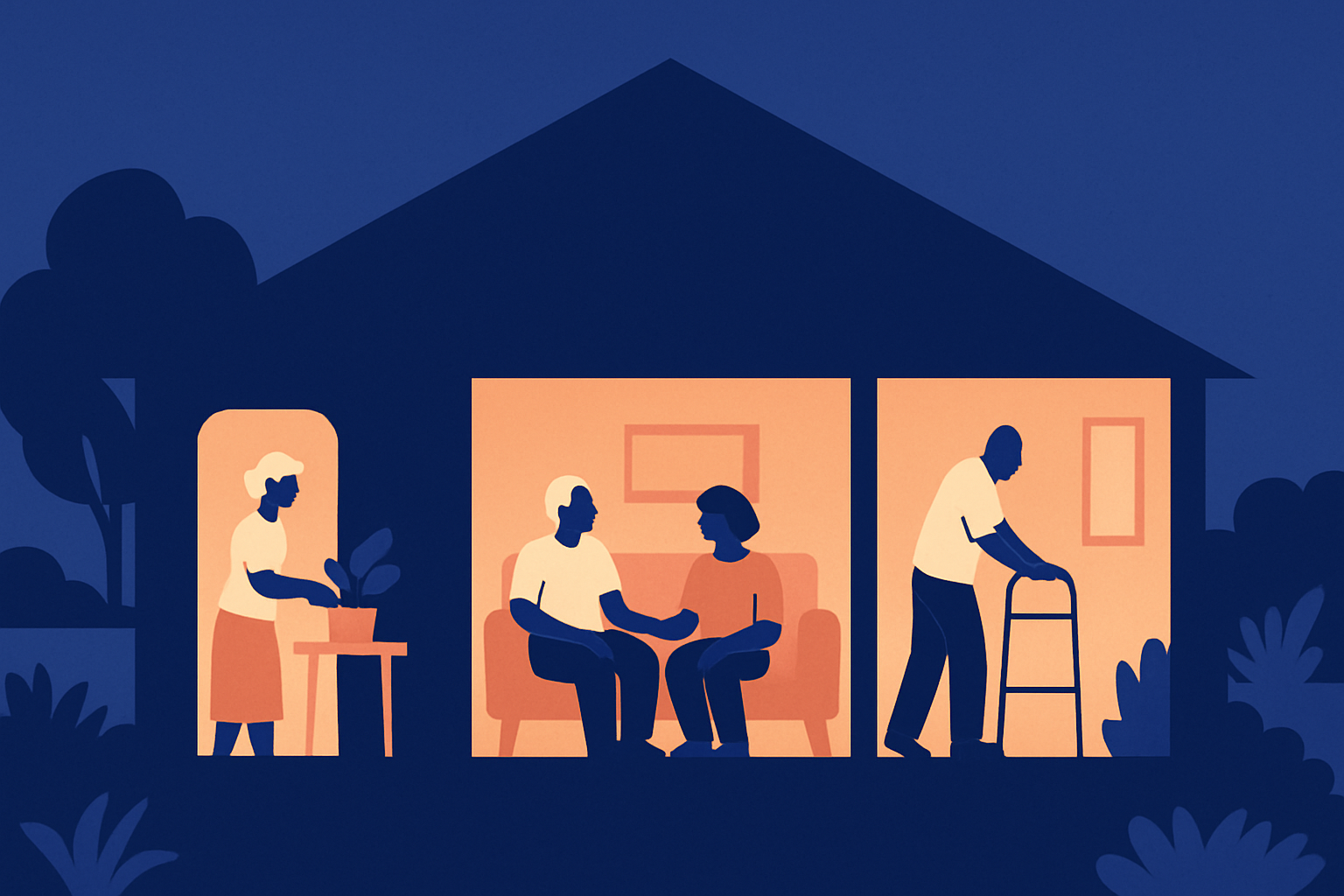 A house at night with three lit windows showing older adults tending a plant, talking, and using a walker