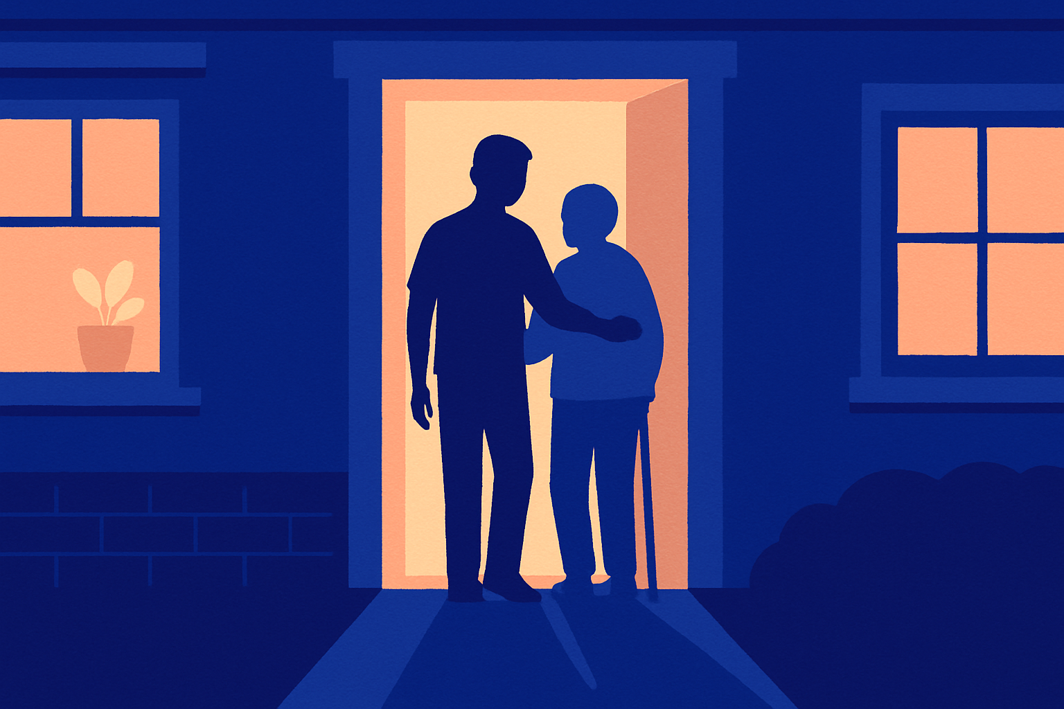 A person embraces an older adult with a cane in a lit doorway at night