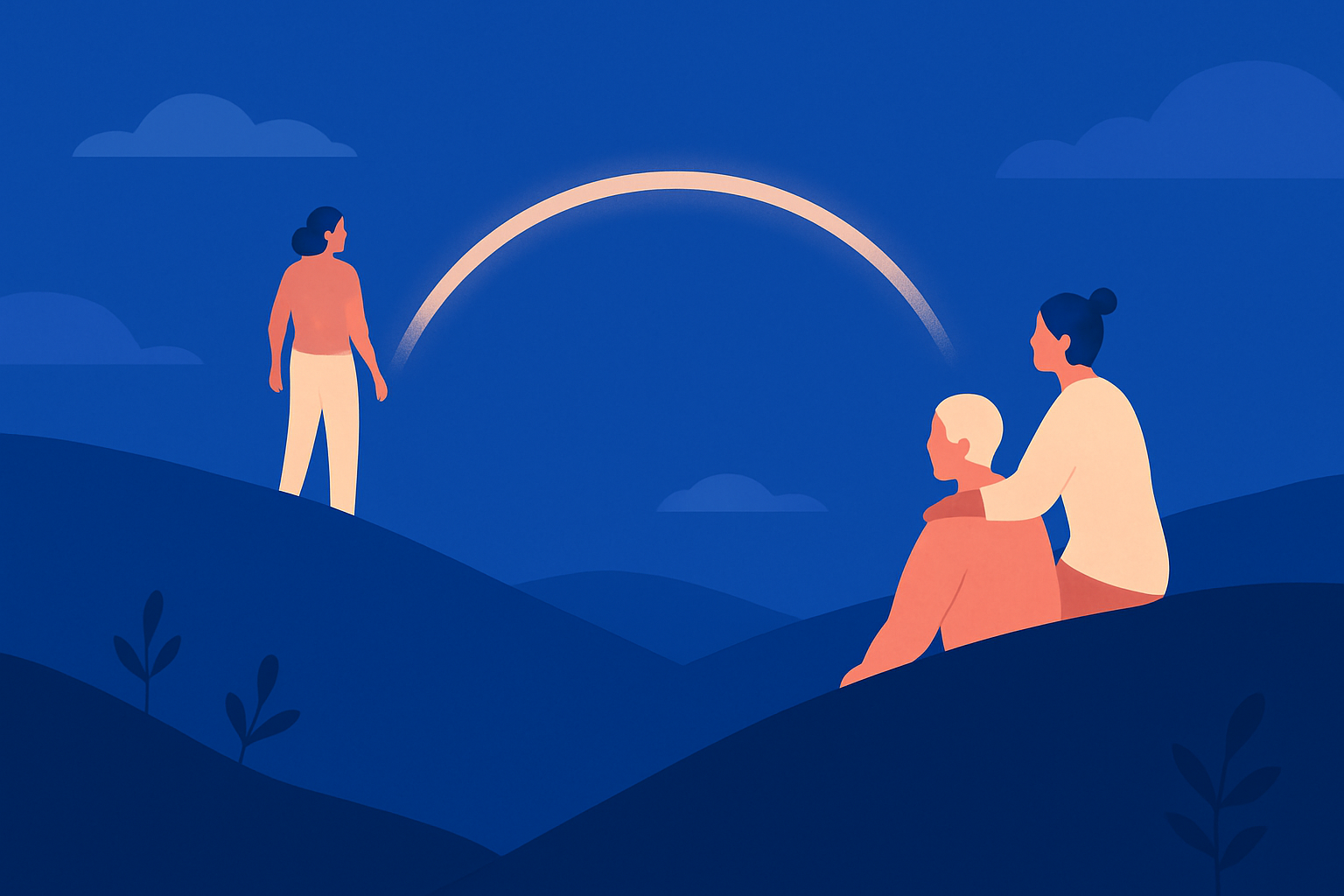 Three people on hills at dusk, one comforting another, linked by an arc in the sky