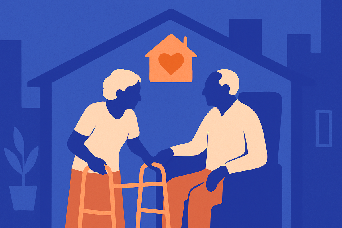 An older couple support each other, one using a walker, beneath a house-and-heart icon