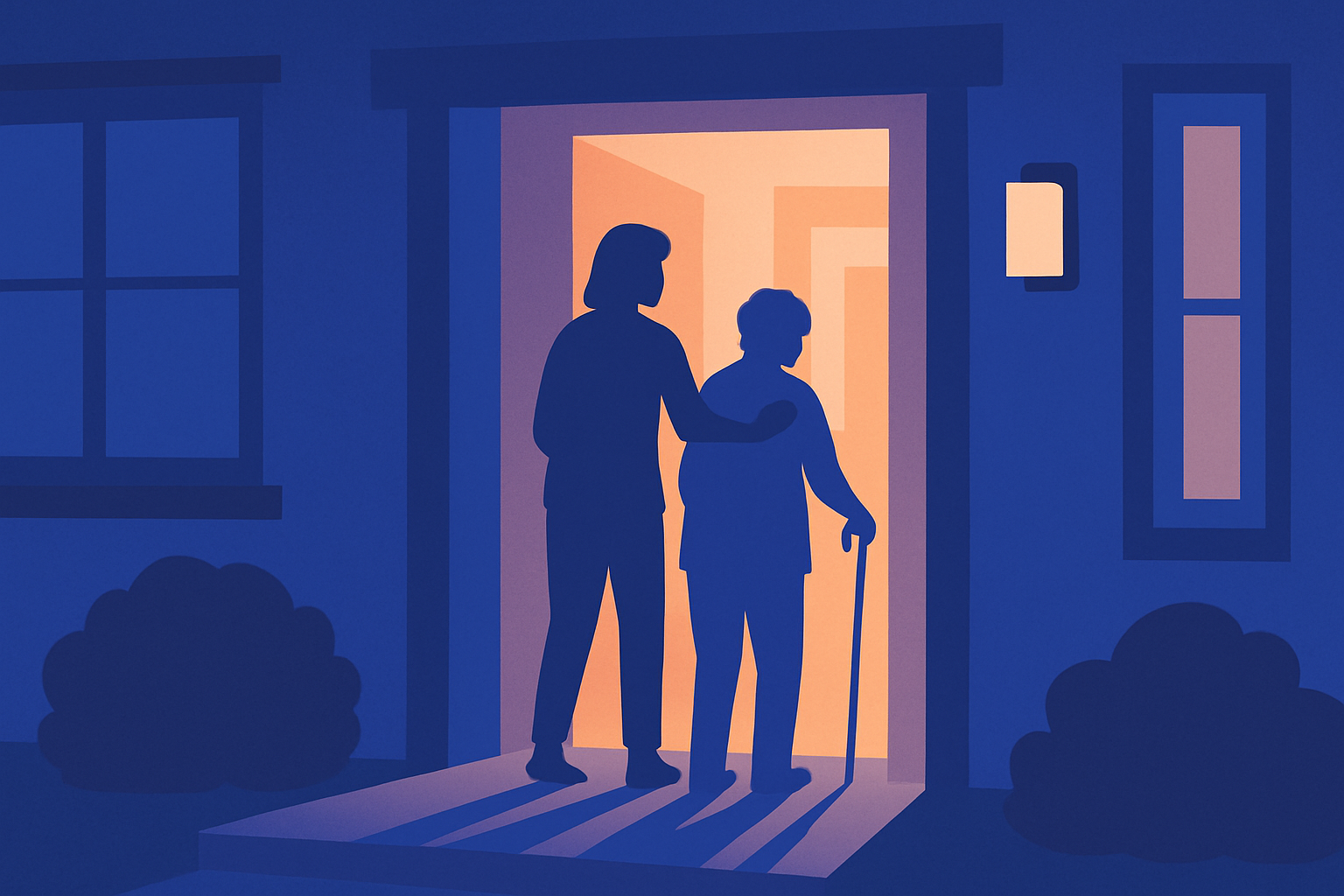 A woman supports an older person with a cane in a lit doorway at night