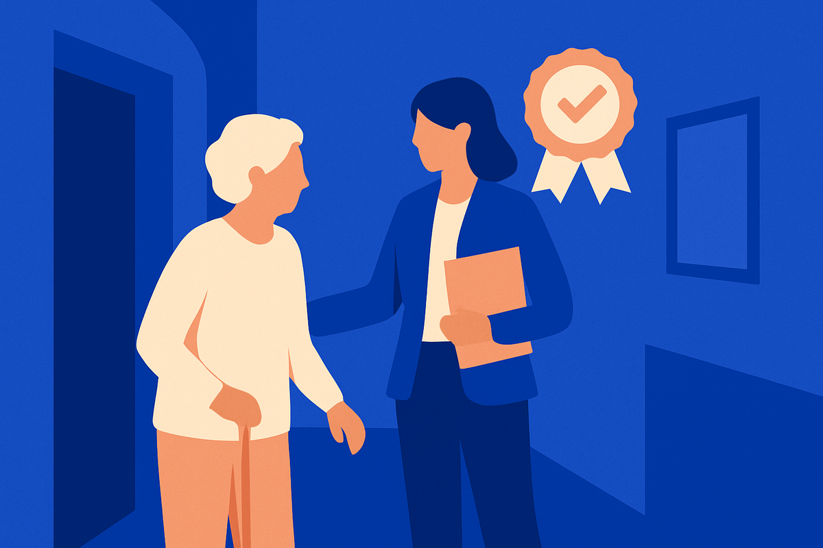 An older woman with a cane meets a professional holding a folder, a checkmark rosette nearby