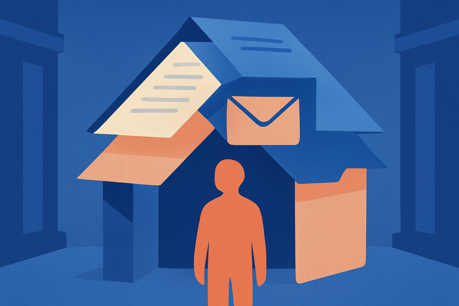 A person stands within a house formed of documents and an envelope