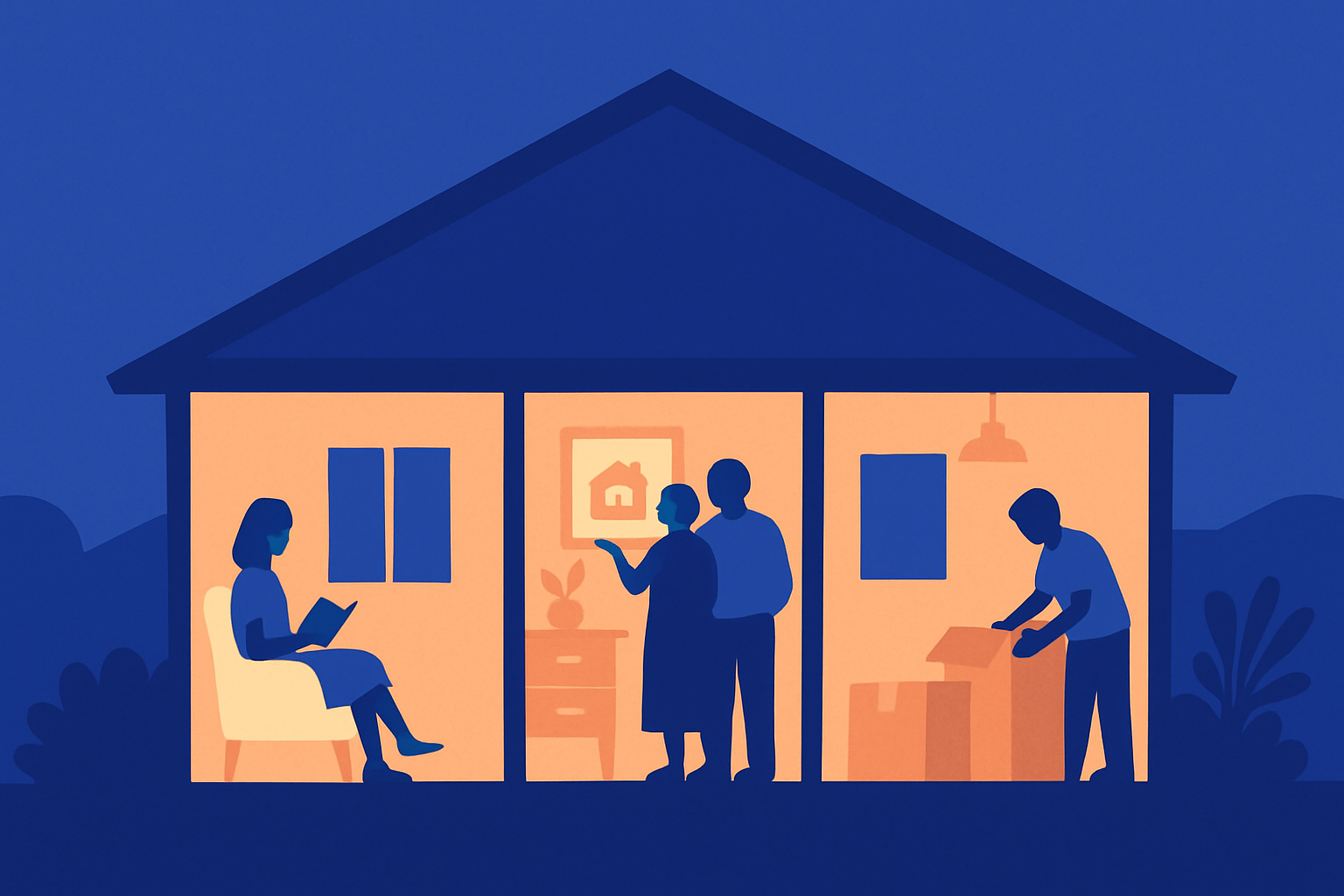 A house at night: a woman reads, an older couple talk, and a man packs a moving box