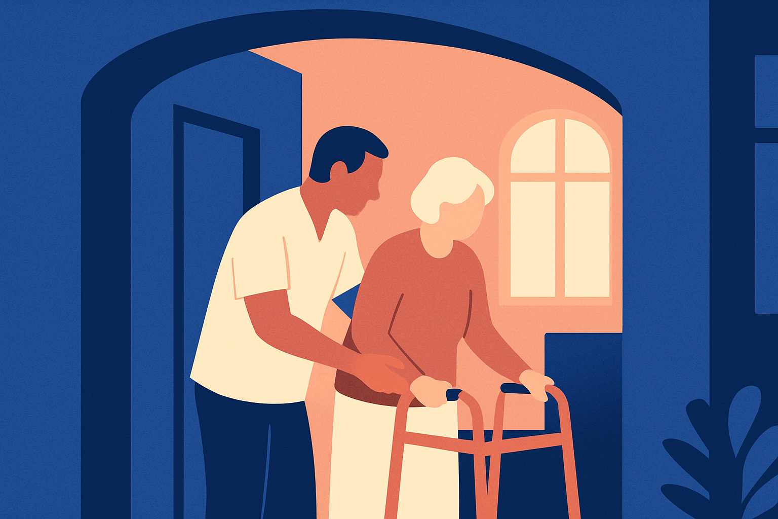 A care worker helps an older woman with a walker through an archway at home at night