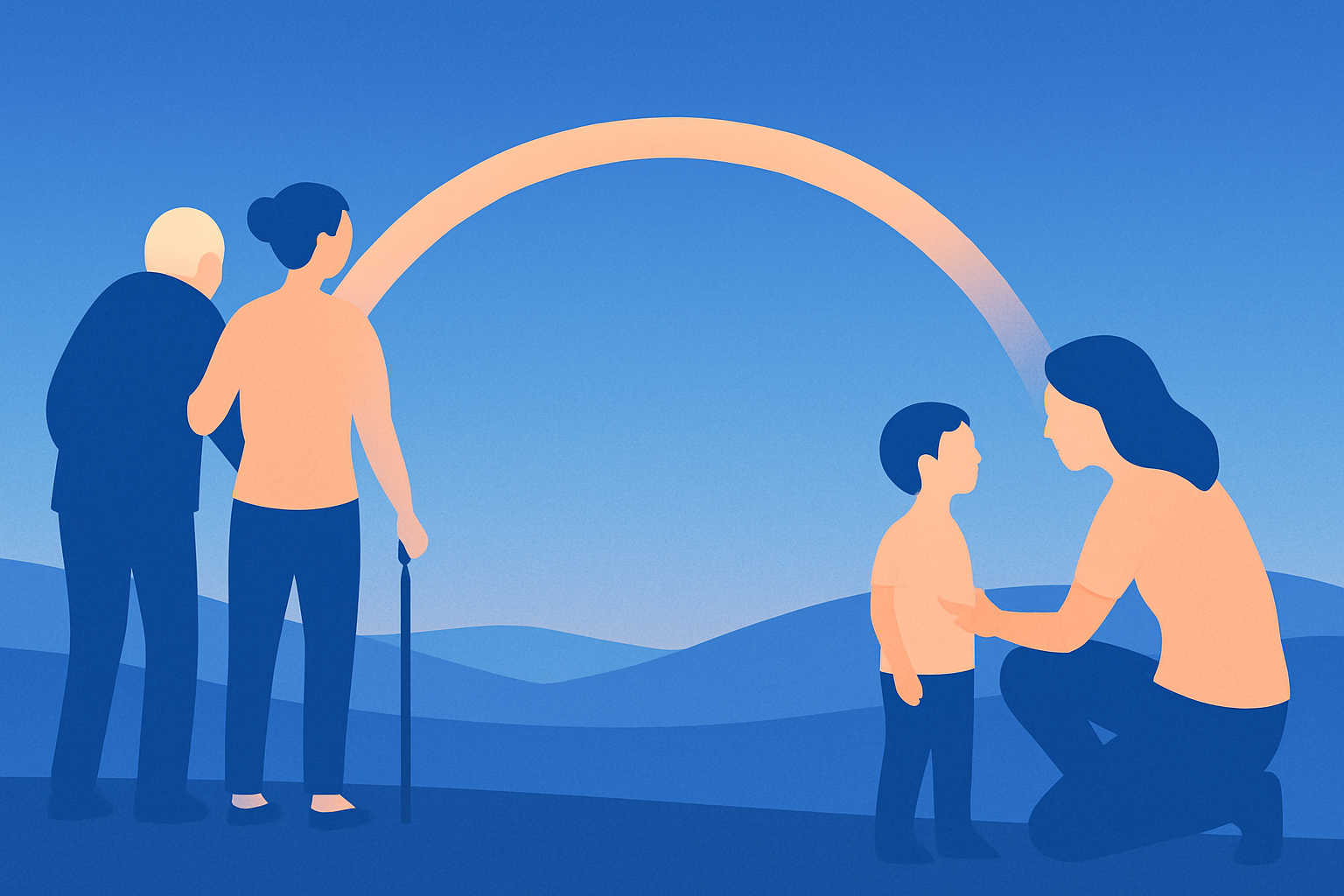 An adult stands between an older man with a cane and a small child, figures linked by an arc