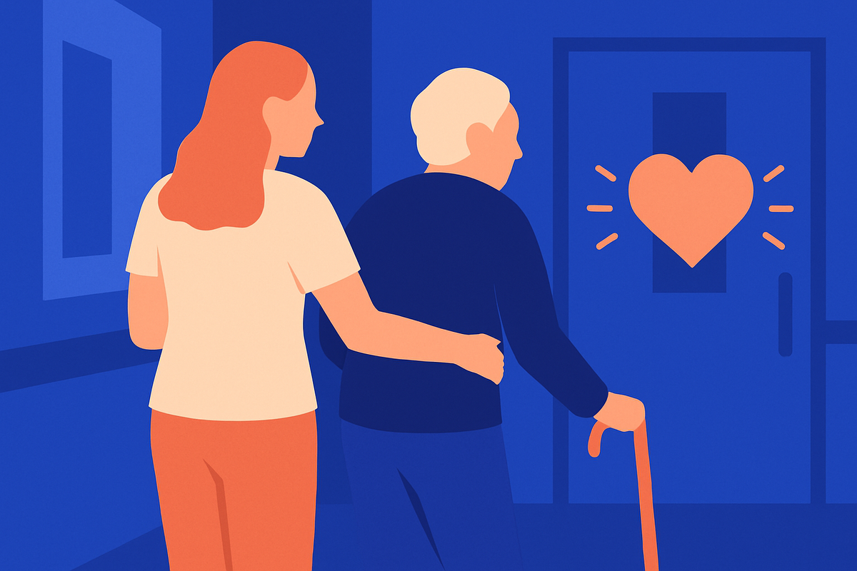 A woman supports an older man with a cane down a hallway, a glowing heart nearby