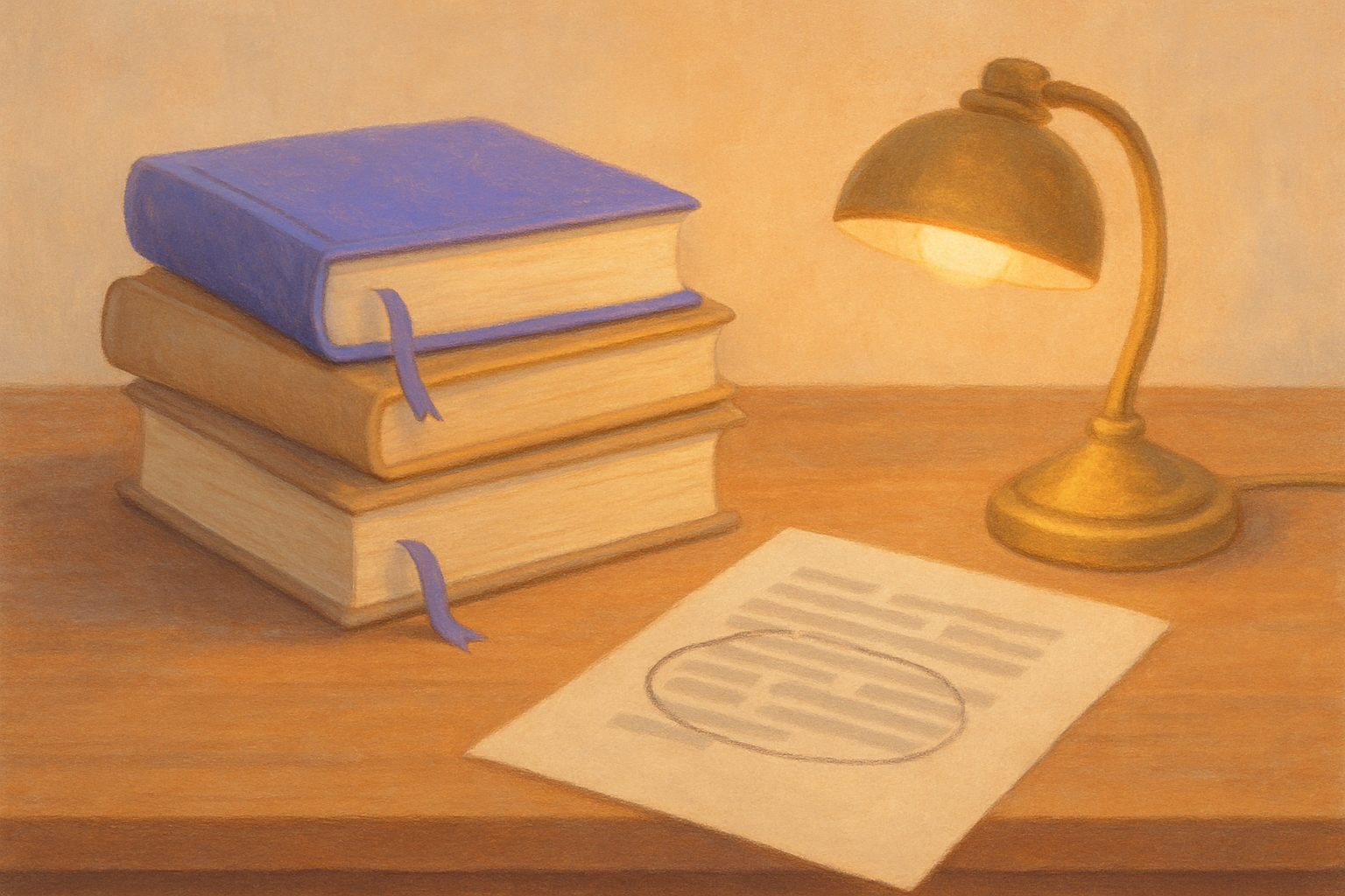 A stack of well-worn reference books with ribbon bookmarks on a library table beside a printed page with circled lines and a small glowing brass desk lamp