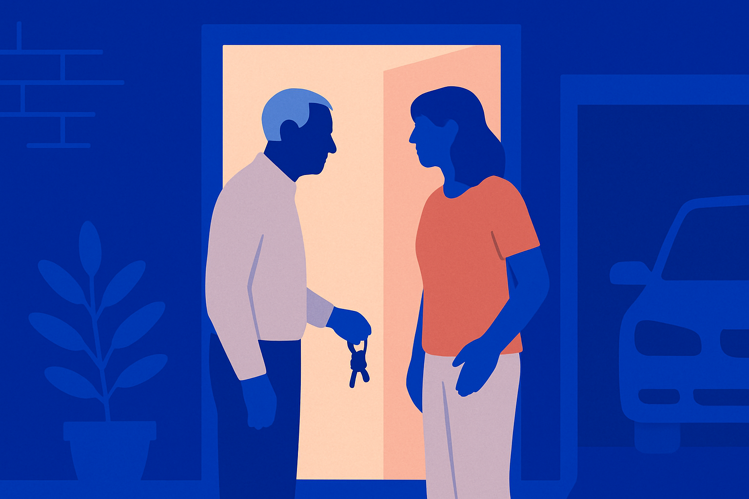 An older man hands car keys to a younger woman, a car silhouette nearby