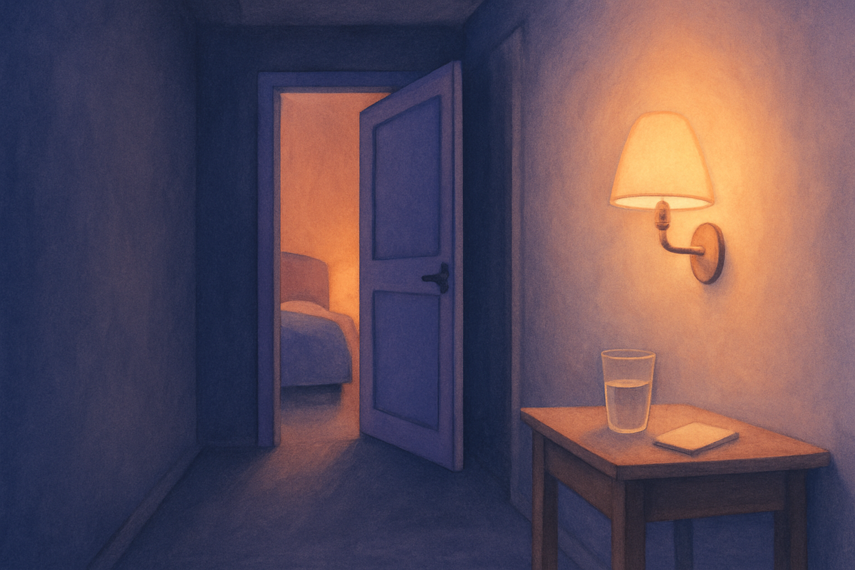 A daughter sitting on the edge of the bed with a softly-lit lamp on, gently keeping her mother company in the middle of the night